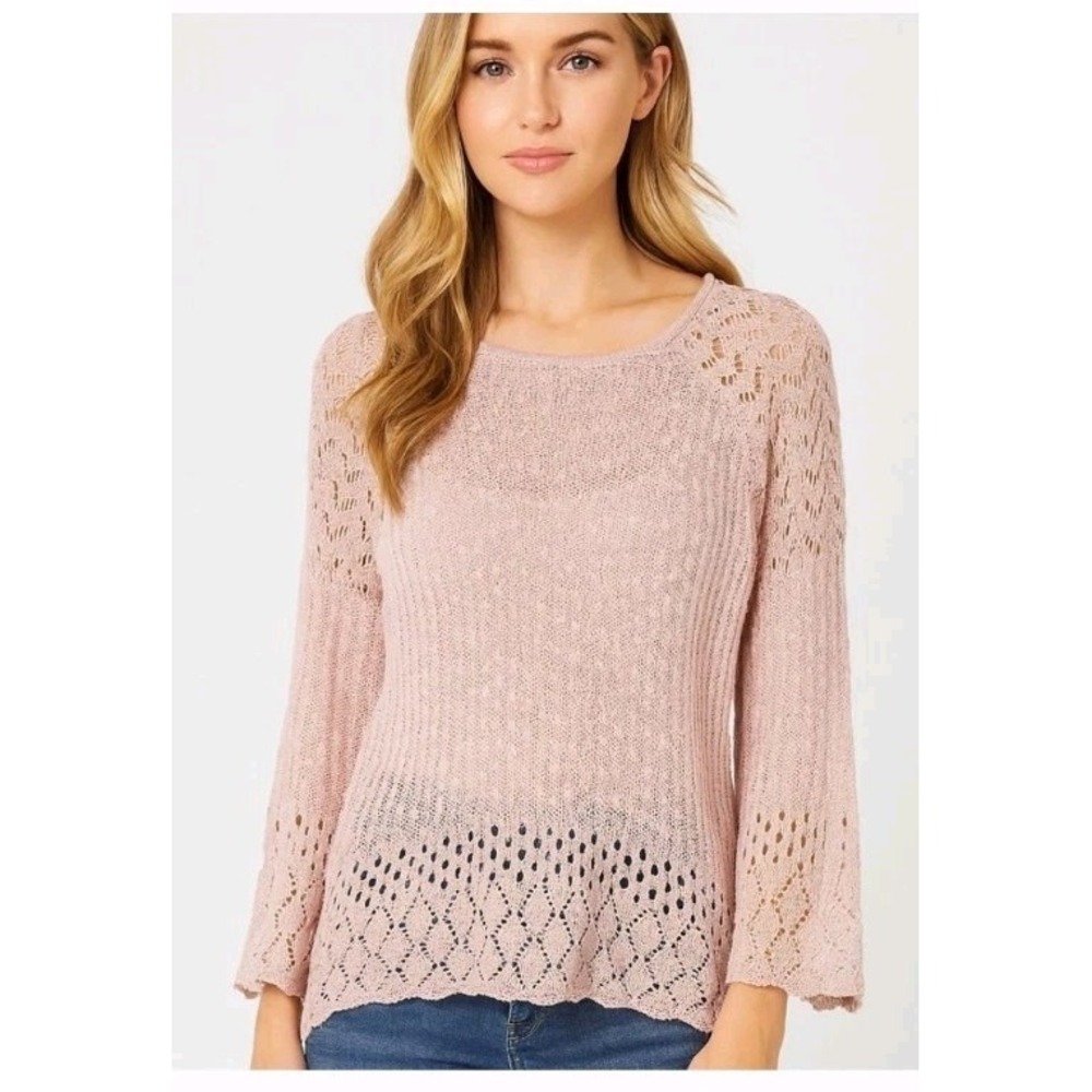 LC Lauren Conrad Cream Pointelle Knit Bell Sleeve Sweater Medium Scoop Neck